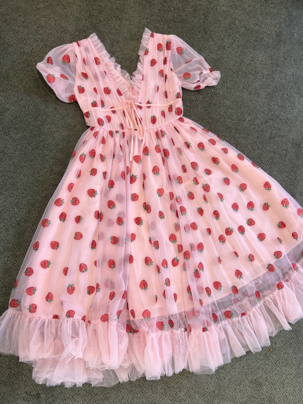 Pink Strawberry Print Tulle Midi Dress